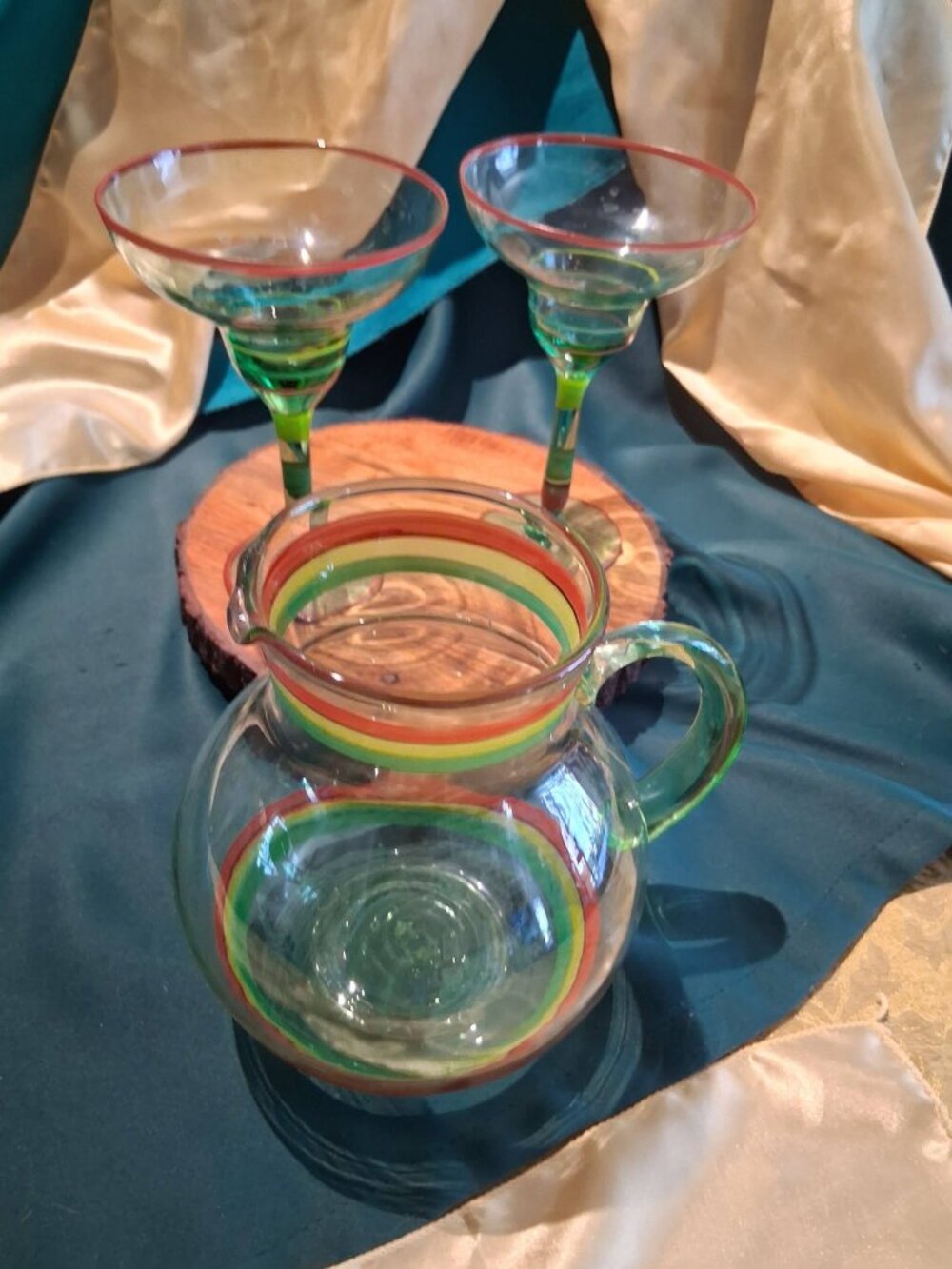 Mexican Hand Blown Glass Margarita Set Pitcher & 2 Glasses Red Yellow Green